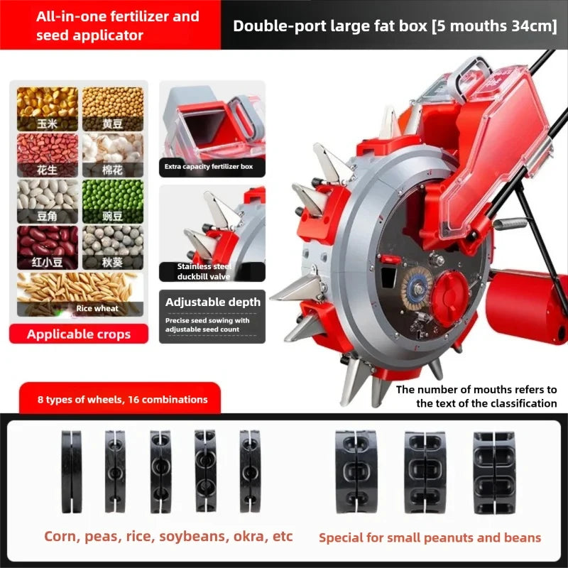 All-in-One Seed & Fertilizer Drill  Walk-Backward Push Seeder for Corn   Soybean  Peanut   Multi-Crop Planter Manual Push Type