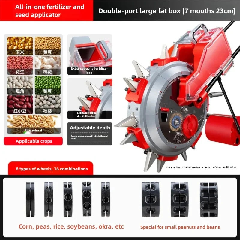 All-in-One Seed & Fertilizer Drill  Walk-Backward Push Seeder for Corn   Soybean  Peanut   Multi-Crop Planter Manual Push Type