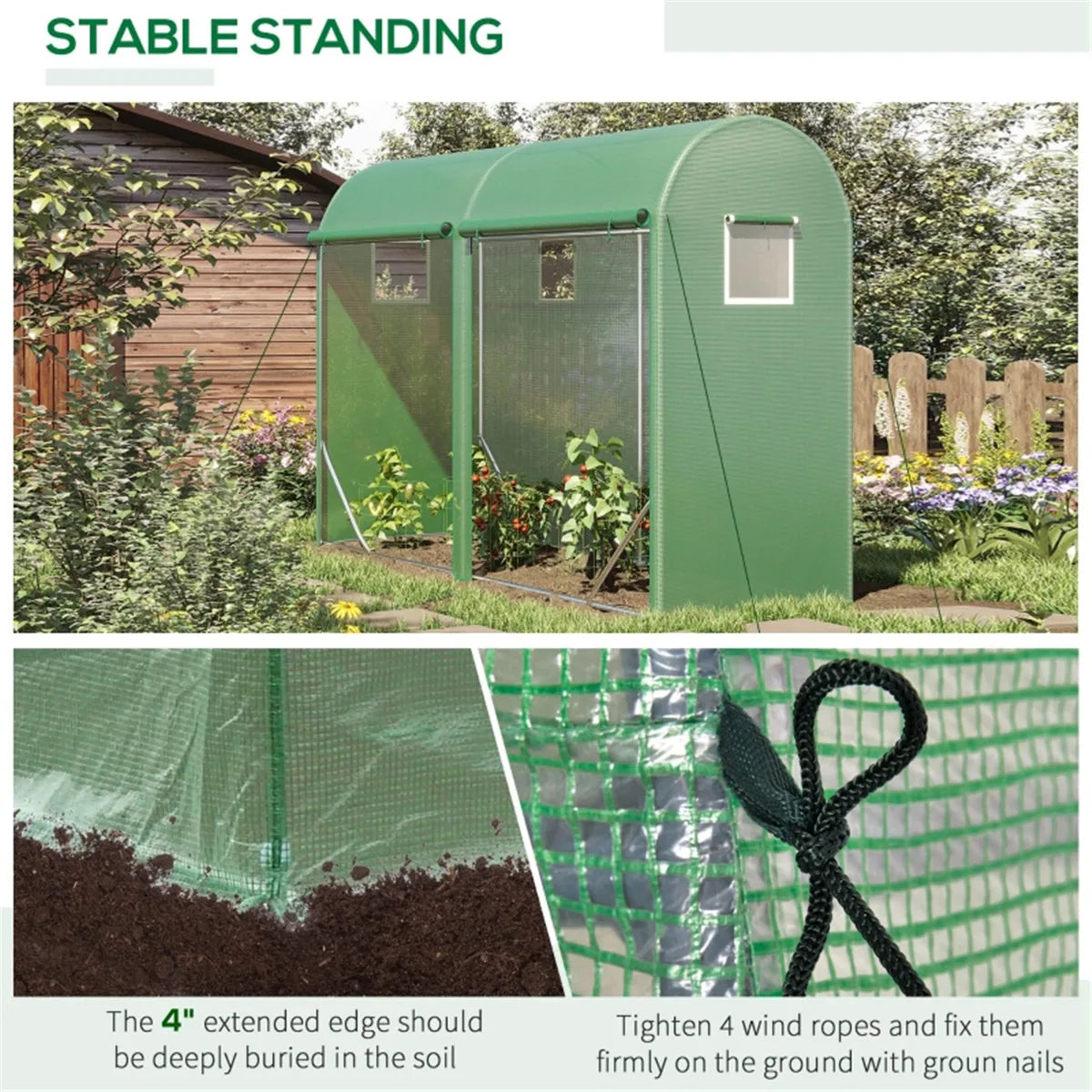Large Walk-in Tunnel Greenhouse, Outdoor PE Mesh Plant Growing Tent with Roll-Up Zipper Door & Ventilated Windows, for Backyard Gardening