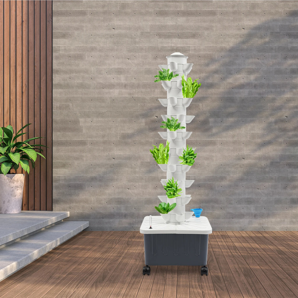 50‑Site Hydroponic Growing Tower 10‑Tier Vertical Hydroponics System 20L Water Tank 12V Water Pump Lockable Wheels Indoor Outdoor Soilless Planting Kit for Vegetables Fruits Strawberry Flower