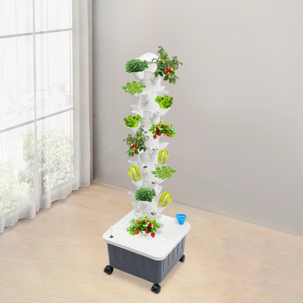 50‑Site Hydroponic Growing Tower 10‑Tier Vertical Hydroponics System 20L Water Tank 12V Water Pump Lockable Wheels Indoor Outdoor Soilless Planting Kit for Vegetables Fruits Strawberry Flower