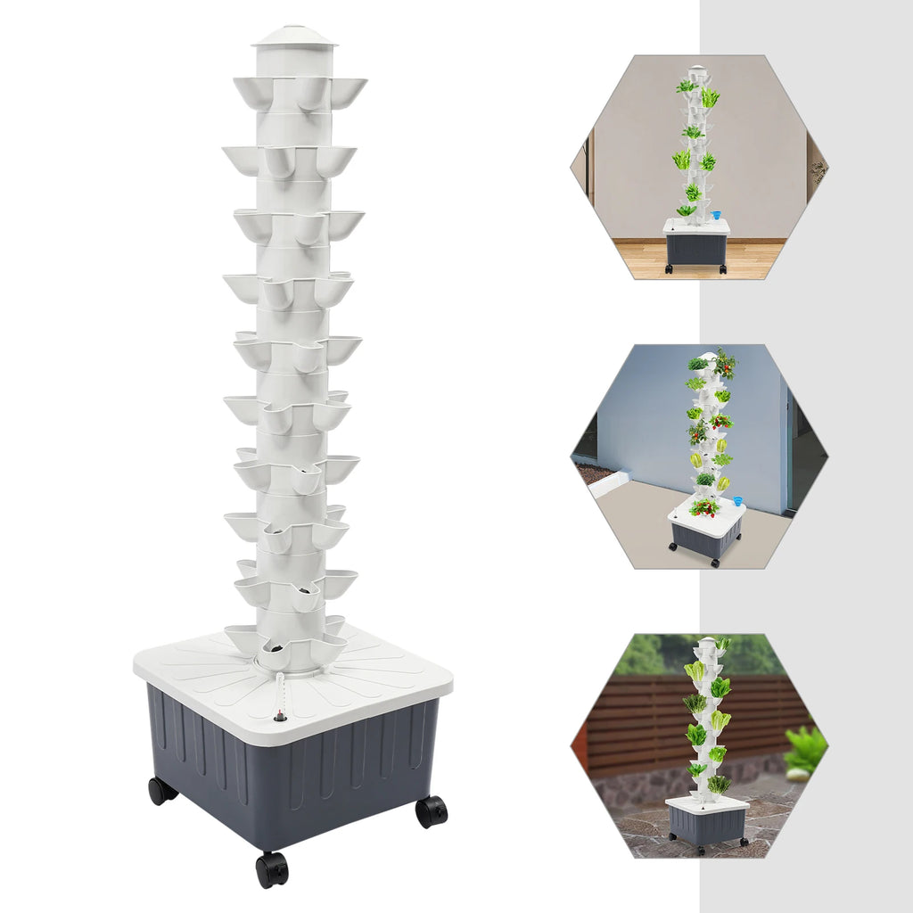 50‑Site Hydroponic Growing Tower 10‑Tier Vertical Hydroponics System 20L Water Tank 12V Water Pump Lockable Wheels Indoor Outdoor Soilless Planting Kit for Vegetables Fruits Strawberry Flower