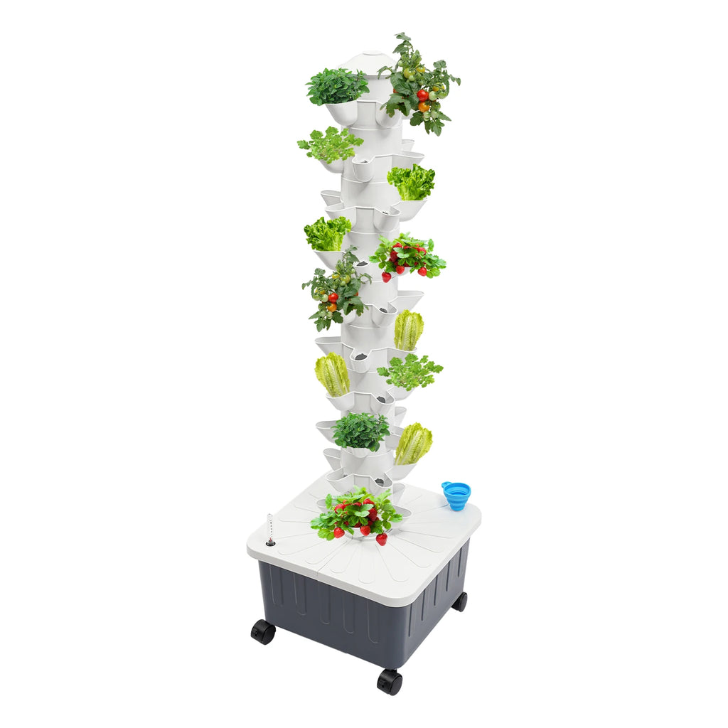 50‑Site Hydroponic Growing Tower 10‑Tier Vertical Hydroponics System 20L Water Tank 12V Water Pump Lockable Wheels Indoor Outdoor Soilless Planting Kit for Vegetables Fruits Strawberry Flower