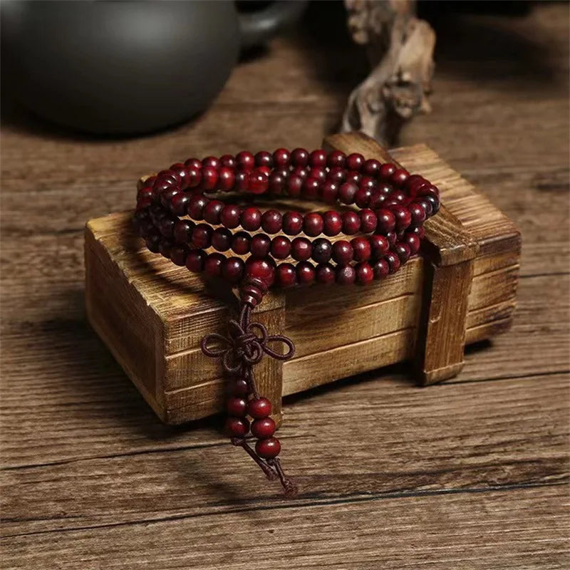 Natural Chinese Sandalwood 108 Prayer Beads Mala Bracelet Necklace 6mm Buddhist Buddha Rosary Elastic Wrist Jewelry Luck Amulet